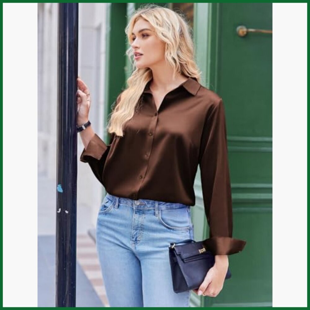 Satin Button Down Shirt Long Sleeve Business Casual Blouse - Picture 3 of 6